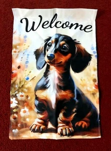SWEET DACHSHUND DOG FLAG~ 12" X 18.5" ~2-SIDED~WELCOME~LINEN~NEW - Picture 1 of 1