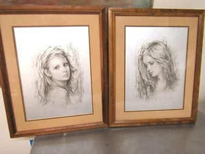 Pair 1974 GIUSEPPE TARANTINO MILANO Young Woman Charcoal Drawings Litho Prints - Picture 1 of 9