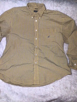 Nautica yellow and blue gingham plaid 80s two ply cotton dress shirt men’s XL - Image 1 of 4