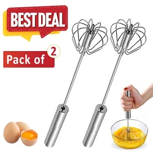 AEX Set of 2 Hand-Push Self-Turning Egg Beater Stainless Steel Whisk Mixer Tool - Picture 1 of 10