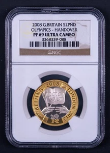2008 NGC PF69 Ultra Cameo Great Britain Olympics Handover Silver 2 Pound DCB088 - Picture 1 of 2