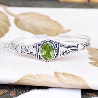 Faceted Peridot Gemstone 925 Sterling Silver Bangle Cuff Gift For Everyone - Image 1 of 4