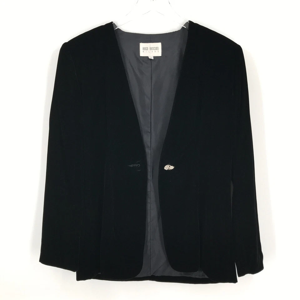 Chaqueta Blazer VINTAGE Hugo Buscati Mujer 2 Negra Un Botón Forrada Milano EE. UU. Foto 1 de 4