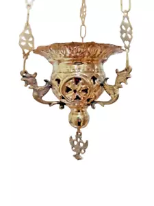 4" Greek Orthodox Brass Hanging Wall Vigil Oil Lamp & Glass with Chains 10cm - Picture 1 of 4