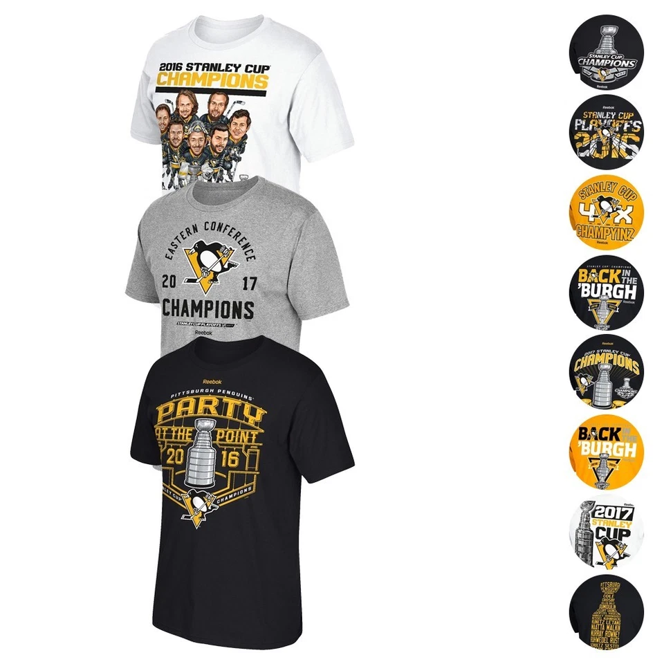 Camiseta para hombre Pittsburgh Penguins Reebok 2016 y 2017 Stanley Cup varios gráficos Foto 1 de 1