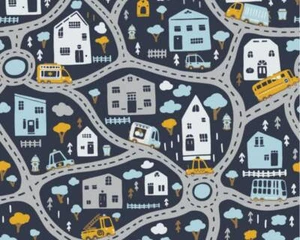 Road Map Atlas Cars Houses Navy Novelty Cotton Jersey Dress Stretchy Half Metre - Picture 1 of 1