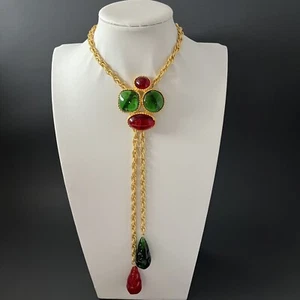 Gripoix Glass Necklace Bolo Lariat Gold Tone Red Green Sautoir Runway Statement - Picture 1 of 14
