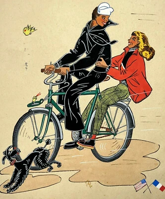 Velo Bicyclette COUPLE France Etats Unis POCHOIR Peinture Dessin CANICHE XX° - Photo 1/2