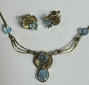 Vintage Loran Sim Co 12k/14k Gold gefüllt Aqua Schraubverschluss Ohrringe Halskette Set - Bild 1 von 11