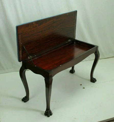 19th Century English Chippendale Window or Piano Bench With New Blue Upholstery Cover