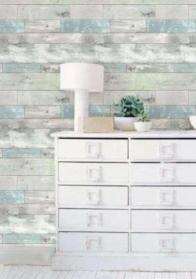 Wallpops Realistic Beachwood Peel and Stick Blue Gray Green White NU Wallpaper - Image 1 of 4