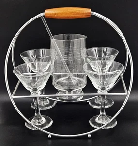 MCM Chrome Martini Caddy + Crystal Martini Pitcher + Martini Glasses 1960s - Picture 1 of 6