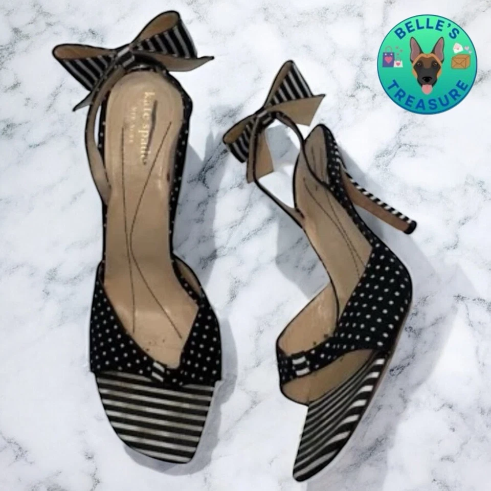 Женские туфли на каблуках Kate Spade New York 8 в черно-белую полоску в горошек с бантом рокабилли - Изображение 1 из 4