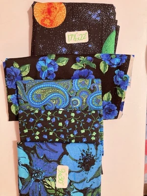 Lot of 5 Fabric Scraps Black & Blue Florals Planets Paisley Lot #43 - Image 1 of 4