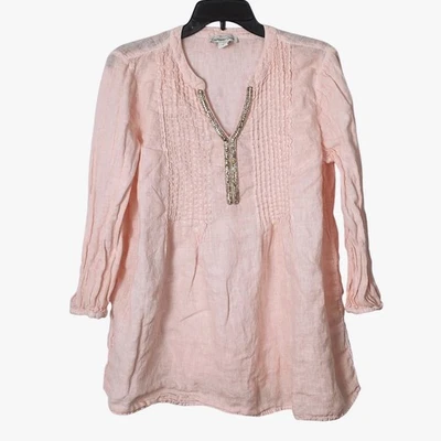 Blusa Coldwater Creek 100 % lino talla mediana rosa manga 3/4 cuentas cuello en V Foto 1 de 4