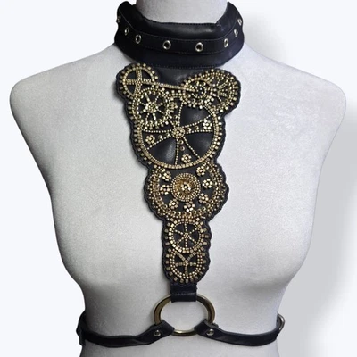 SteamPunk Clockwork Beaded Embroidered Buckled Collar Waist Belt Leather Harness - Image 1 of 4