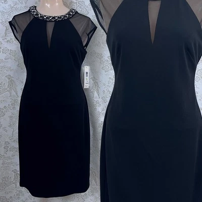 Eliza J Dress Old Money Black Sheer Holiday Cap Sleeve Sheath Jewel Neckline NWT - Image 1 of 4