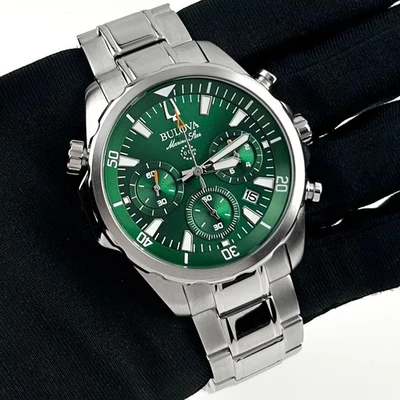 Bulova Marine Star 96B396 Men's Classic Green Dial Chronograph Quartz Watch 43MM - Image 1 of 4