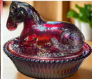 Ruby Red Carnival Glass Resting Pony Covered Trinket Candy Dish - Picture 1 of 1
