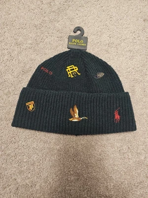 Polo Ralph Lauren Embroidered Icons Dark Green Knit Beanie Duck Hunting Pony  - Image 1 of 3