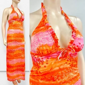 Vintage Psychedelic Maxi Dress Pink Orange Hearts Floral Halter L - Picture 1 of 17