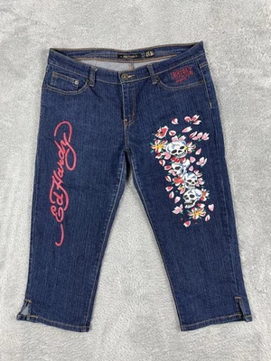 Ed Hardy Jeans Womens 15 16 Blue Skull Floral Cropped Capri Denim Stretch - Image 1 of 4