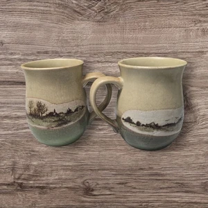 Country Scene w/Green Bottom Pottery Coffee Mug 10oz Set Of (2) Used  - Picture 1 of 4