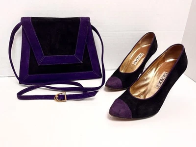 Vintage Escada Suede Colorblock Size 6B Heels Purple & Black W/ Matching Handbag - Image 1 of 4