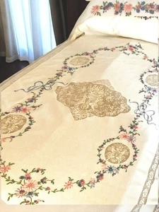 Antique Hand Embroidered Lace Insets Of Cupids Filet’ Trim 80x110’’ EUC - Picture 1 of 12