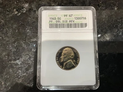 1963 Jefferson Nickel ANACS "Soapbox" PF67 Doubled Die Reverse - Image 1 of 2