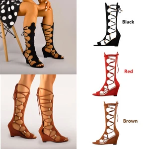 Onlymaker Mujer Sandalias de Cuña Gladiador Hasta la Rodilla Botas Largas de Playa con Cordones Cremallera - Imagen 1 de 31