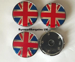 Tapacubos centrales de rueda de 4 x 60 mm brillantes Union Jack montaje universal vendedor del Reino Unido - Imagen 1 de 5
