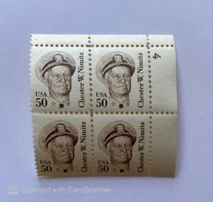 US STAMP BKL  OF 4 	CHESTER W. NIMITZ 		PLATE # 		BKL OF 4	50	CENTS 	 - Picture 1 of 1