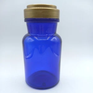 Apothecary Glass Jar Bottle with Gold Lid Cobalt Blue Made in Belgium 7 1/2 " - Picture 1 of 7