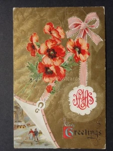 Postal de amapolas en relieve: SALUDOS DE NAVIDAD c1909 (oro) Dona a R.B.L. - Imagen 1 de 2
