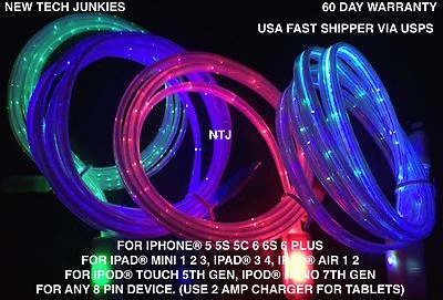 FLAT FLOW MOVING LIGHT-UP glow LED charger cable for iPhone 8 7 5c 6s plus MICRO - Image 1 of 4