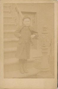 Cabinet Card Antique Photo Little Boy Porch Coat Hat ID'd Lester Wallace Kirk - Picture 1 of 9