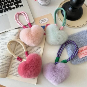 Plush Love Heart Shape PomPom Keychains Braided Bags Pendant Lanyard Keyrings - Picture 1 of 27