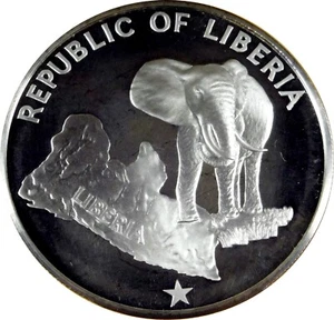 LIBERIA $5 1975 SILVER PROOF ~ ELEPHANT & MAP ~ 9,000 MINTAGE ~ GEM PROOF - Picture 1 of 2