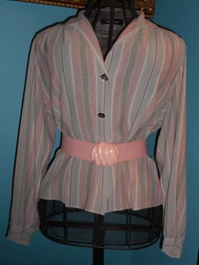 Silk Blouse JNY 14W Gray Pink Poet Collar Long Sleeve Smocking Pleat Detail - Picture 1 of 10
