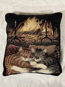 VTG Sleeping Hugging Cats Fireplace Black Tapestry Decorative Pillow 15” No Tag - Picture 1 of 12