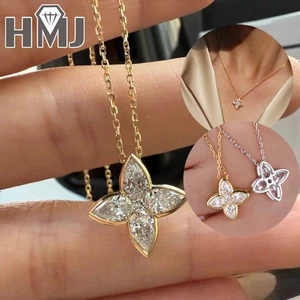  Full Moissanite Flower Pendant Necklace Sparkling Pear Cut Pendant S925 Silver - Picture 1 of 26