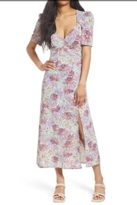 FLORET STUDIOS Blue Mauve Floral Print Empire Waist Maxi Dress SZ XS Puff Sleeve - Picture 1 of 9