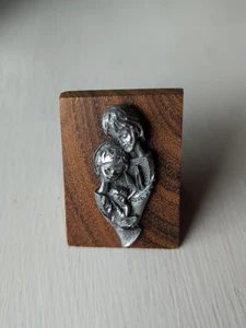 Vintage Holy Family Pewter on Wood Religious Shelf Figurine Magnet MCM Italy - Picture 1 of 12