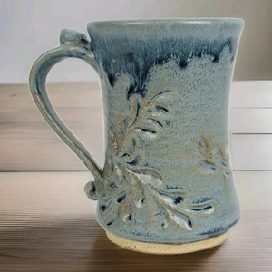 Studio Art Pottery Stoneware Mug~Embossed Floral~Drip Glaze~Rustic~Blue Brown - Picture 1 of 12