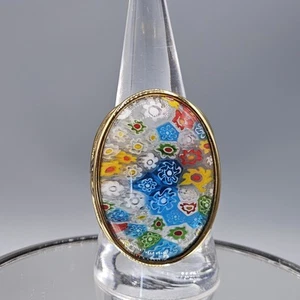 Millefiori Art Glass Ring Size 9.5 Black Gold Tone Scroll Chunky Oval Floral  - Picture 1 of 12