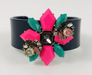 J Crew Cuff Rhinestone Flower Bracelet Blue Pink Resin Oversized Statement - Picture 1 of 10