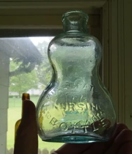 BURR'S PATENT NURSING BOTTLE PATD 1872 PICTURE OF EMB BOTTLE AQUA BABY NURSER - Picture 1 of 10