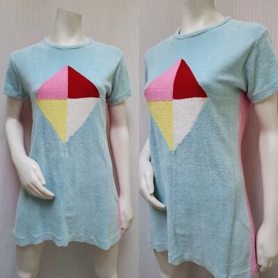 Vintage 1960s Blue Pink Color Block Terry Cloth Mod Mini Dress - Size M - Image 1 of 4