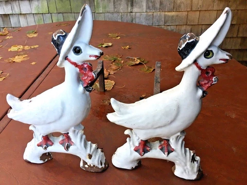Rare Howes Foundry Mother Goose Andirons 3009 Boston Glass Eyes Enamel Folk Art Cover
